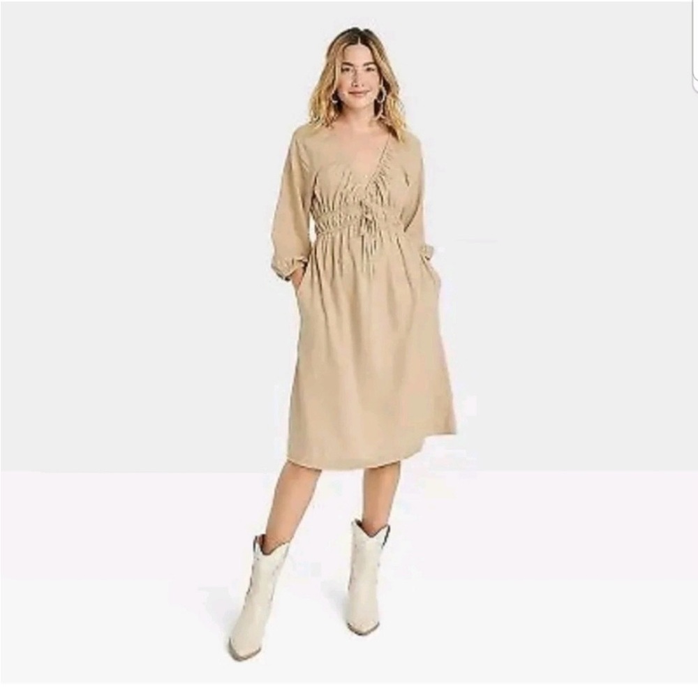 Universal Thread Linen Blend Summer Tie Front Puff 3/4 Sleeve Midi Dress Size M